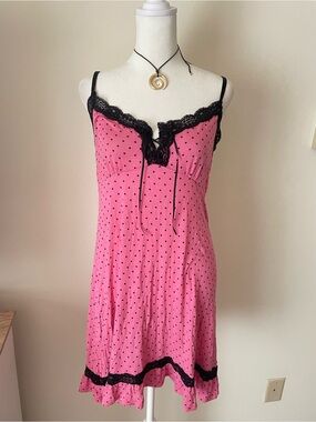 LALA Sleepwear Y2K Style Babydoll Lingerie Slip Dress Polka Dot Lace Trim Large